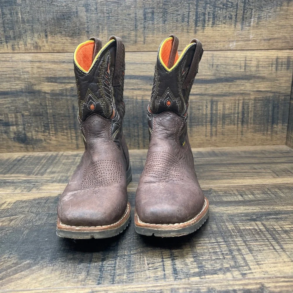 El General Cowboy Boots Kids Size 12 Brown‎ Leather Orange Embroidery Lug Sole